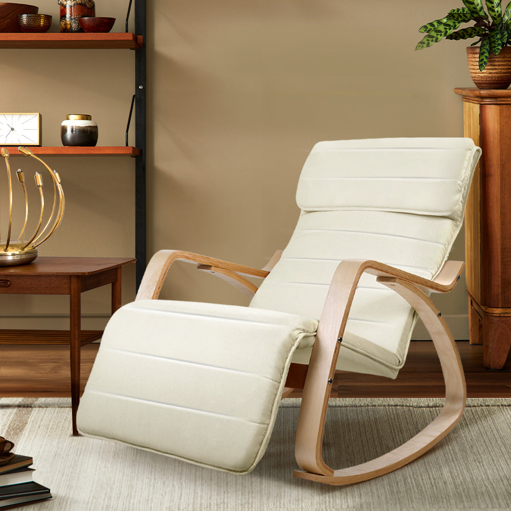 Artiss Rocking Armchair Bentwood Frame With Footrest Beige Afton