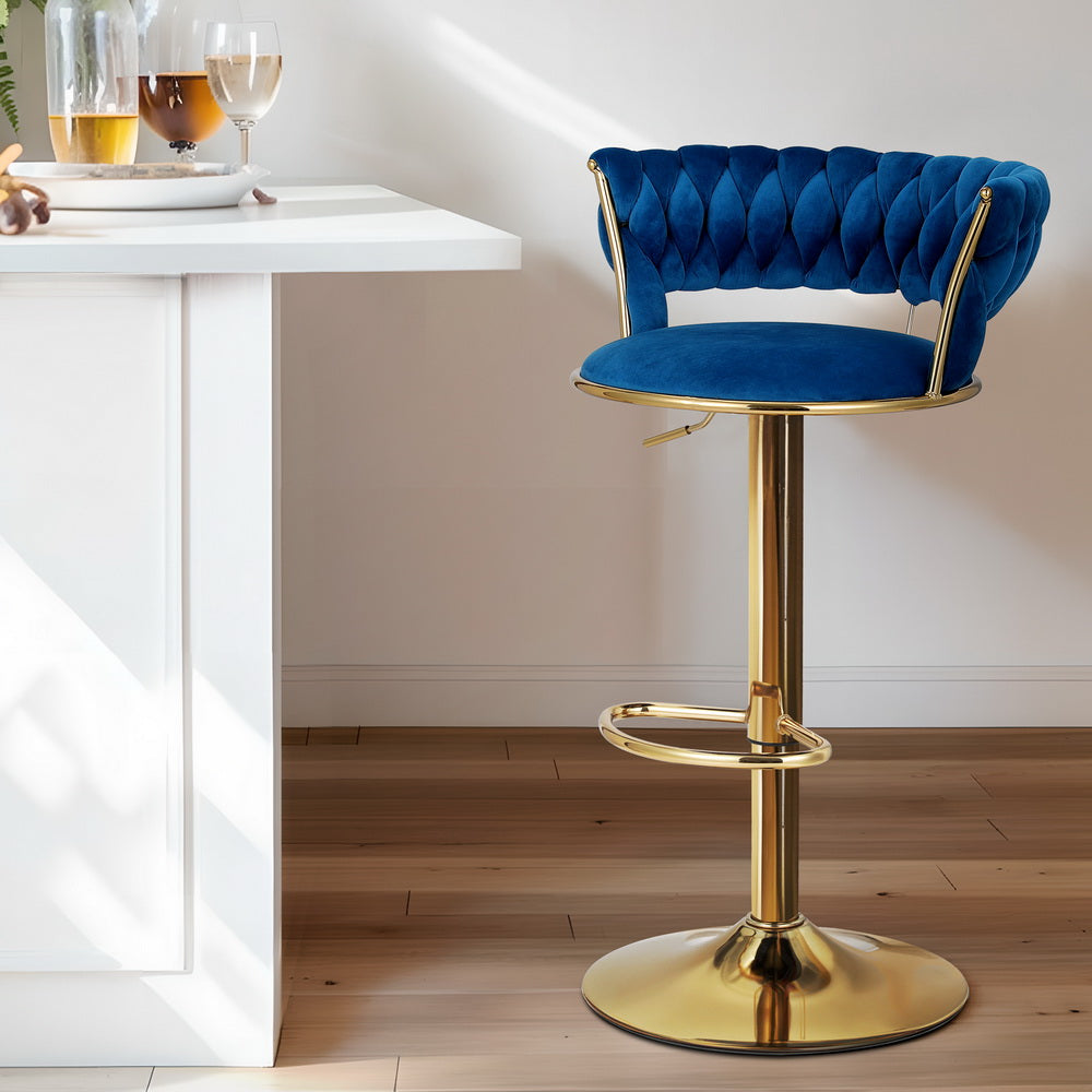 Artiss Bar Stools Gas Lift Velvet Woven Backrest Navy