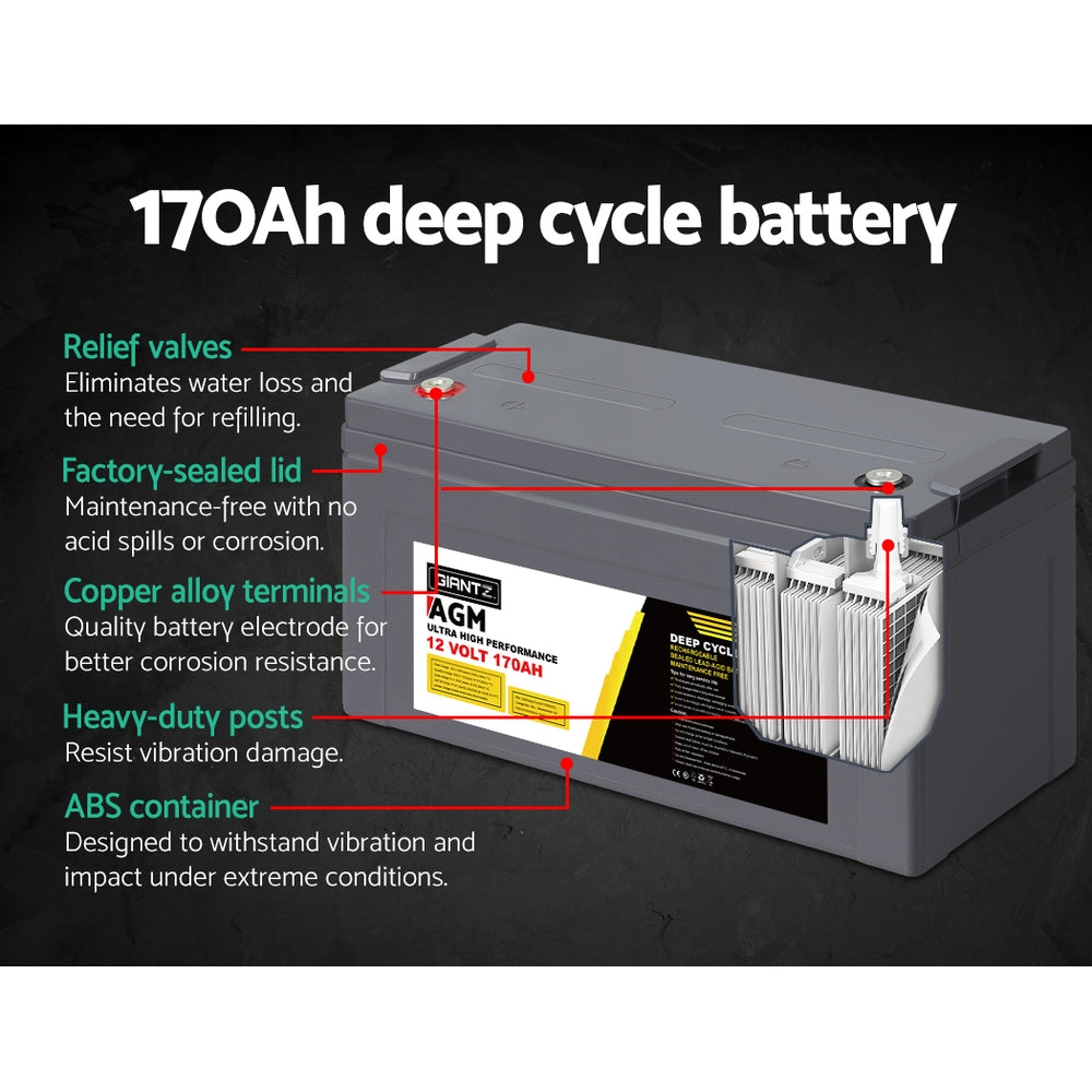 Giantz AGM Deep Cycle Battery 12V 170Ah Box Portable Solar Caravan Camping