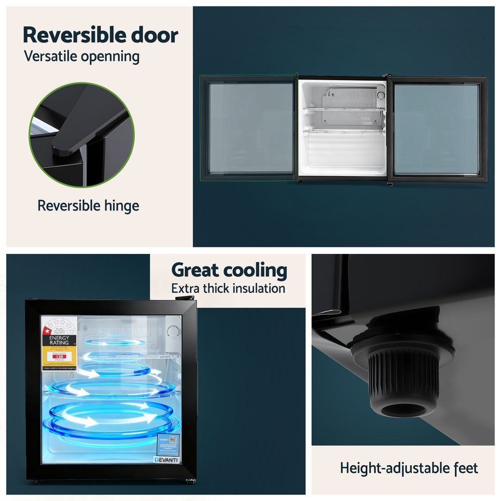 Devanti 40L Bar Fridge Glass Door Mini Fridge Countertop Cooler Black
