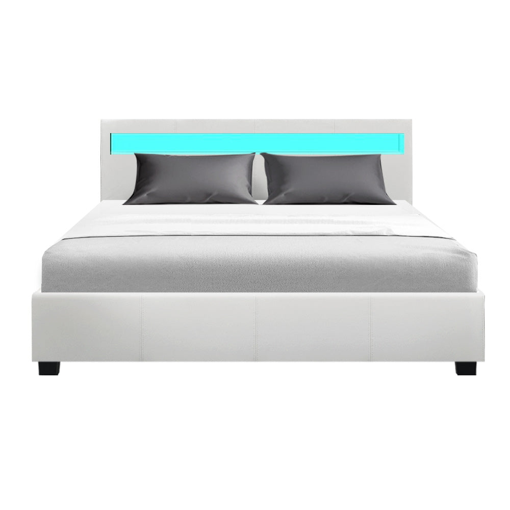 Artiss Bed Frame Queen Size LED Gas Lift White COLE