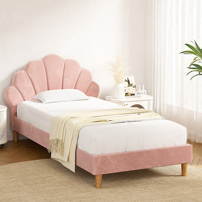 Artiss Bed Frame King Single Size Scallop-Shape Bedhead Beds Base Pink Velvet Fabric