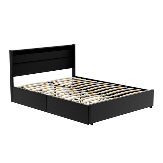 Artiss Bed Frame Queen Size LED with 4 Drawers Black DUNN