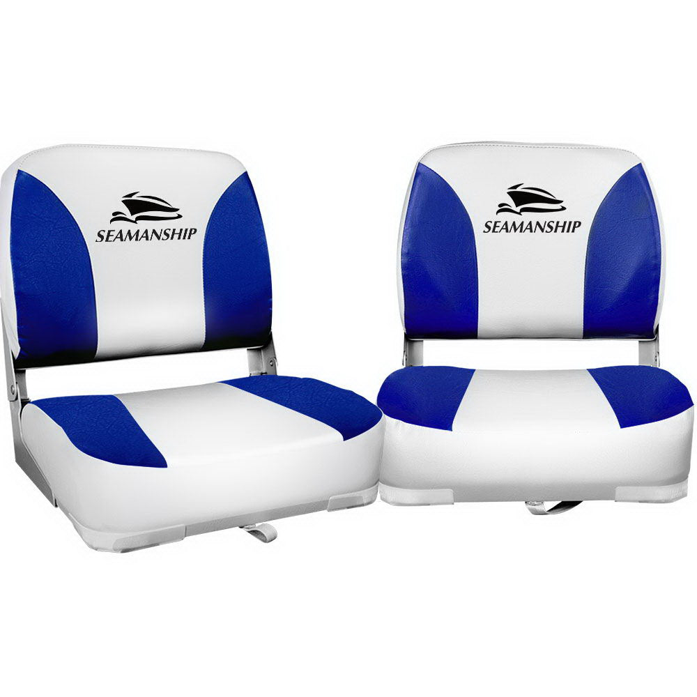 Seamanship 2X Folding Boat Seats Marine Swivel Low Back 13cm Padding White Blue