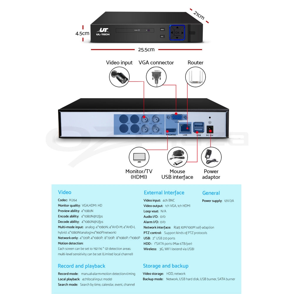 UL-tech CCTV Security System 4CH DVR 4 Cameras 4TB Hard Drive