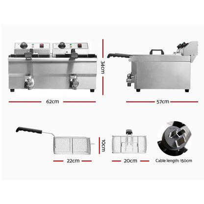 Devanti 20L Electric Commercial Deep Fryer Double Baskets Oil Taps 6000W