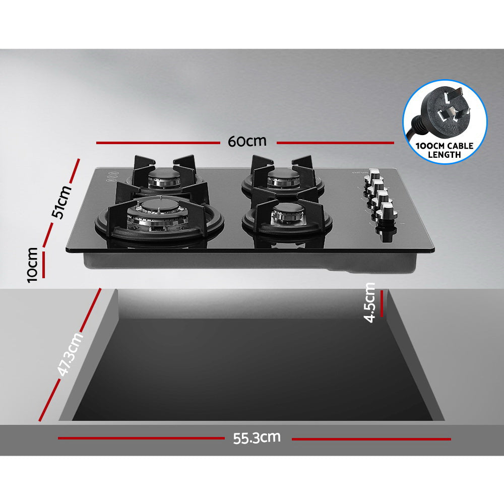 Devanti Gas Cooktop 60cm Stove Hob Black