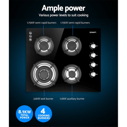 Devanti Gas Cooktop 60cm Stove Hob Black