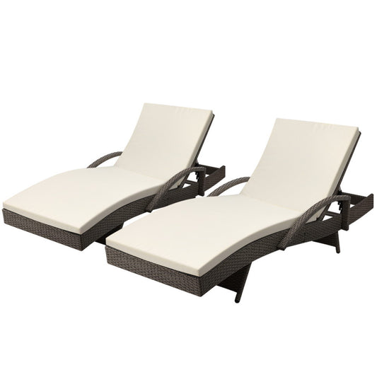 Gardeon 2PC Sun Lounge Wicker Lounger Outdoor Furniture Beach Chair Adjustable Cushion Grey & Beige