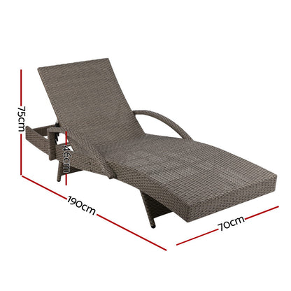 Gardeon 2PC Sun Lounge Wicker Lounger Outdoor Furniture Beach Chair Adjustable Cushion Grey & Beige