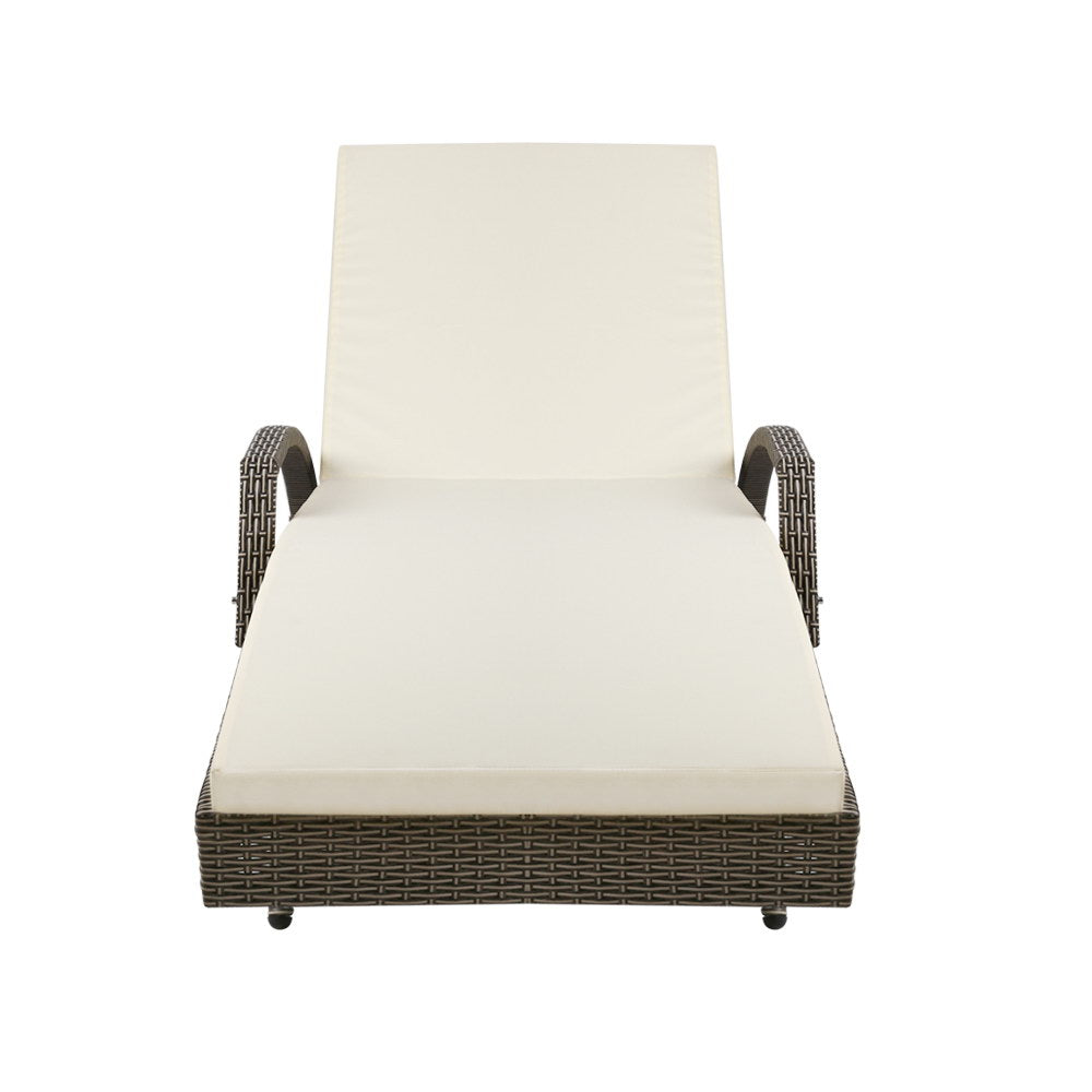 Gardeon 2PC Sun Lounge Wicker Lounger Outdoor Furniture Beach Chair Adjustable Cushion Grey & Beige