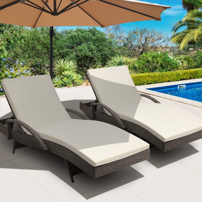 Gardeon 2PC Sun Lounge Wicker Lounger Outdoor Furniture Beach Chair Adjustable Cushion Grey & Beige