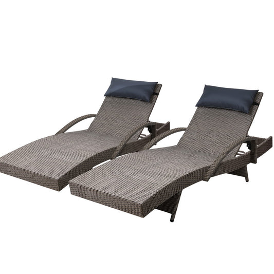 Gardeon 2x Sun Lounge Wicker Lounger Outdoor Furniture Beach Armchair Adjustable Grey & Beige