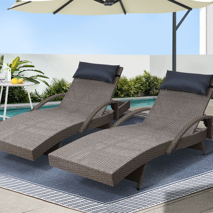 Gardeon 2x Sun Lounge Wicker Lounger Outdoor Furniture Beach Armchair Adjustable Grey & Beige