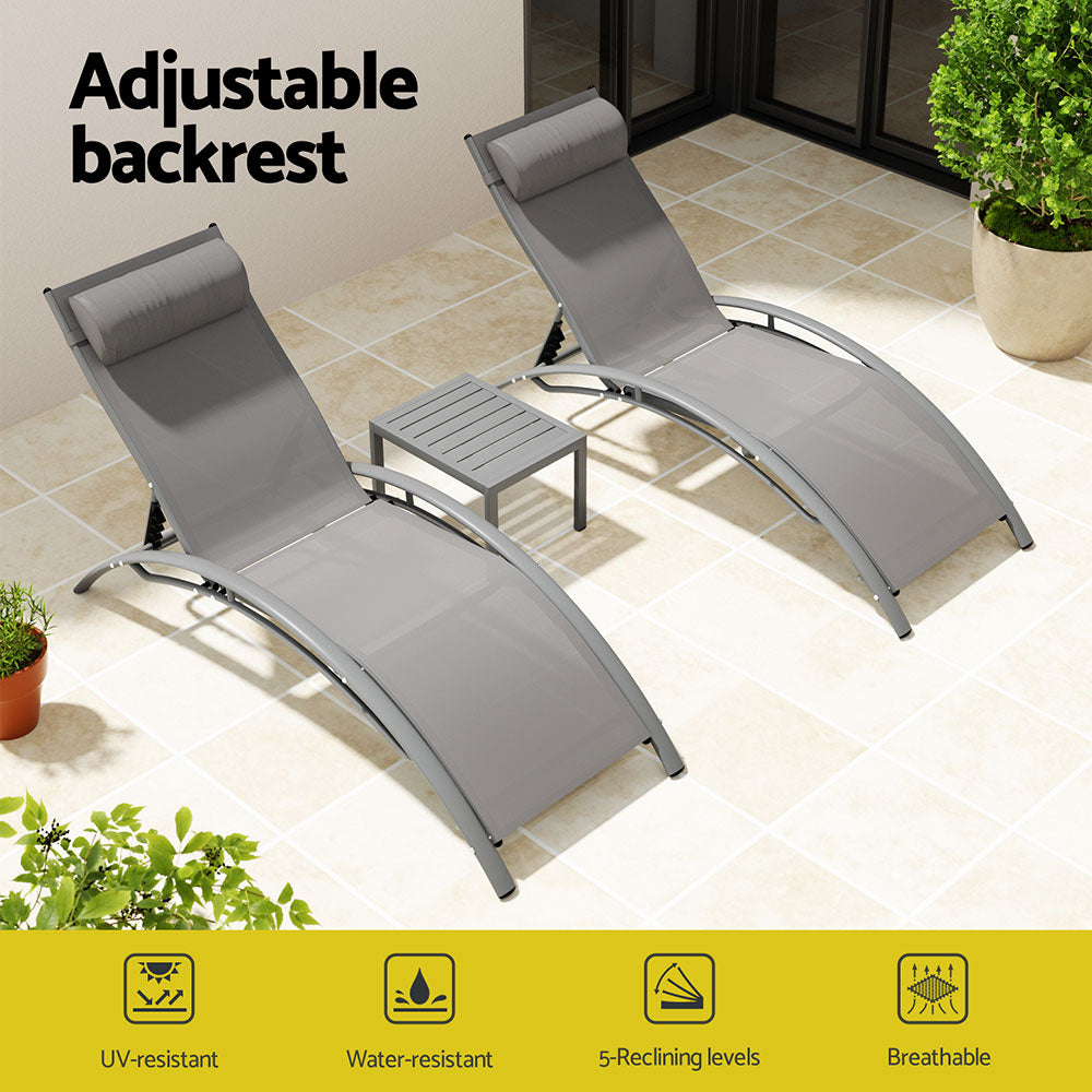 Gardeon 3PC Sun Lounge Outdoor Lounger Steel Table Chairs Patio Furniture Grey