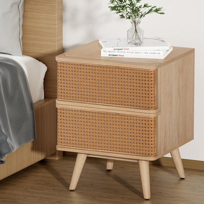 Artiss Rattan Bedside Table Drawers Side End Table Storage Nightstand Oak NORA