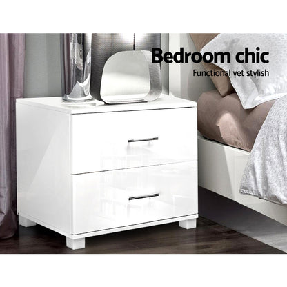 Artiss Bedside Table 2 Drawers High Gloss - White