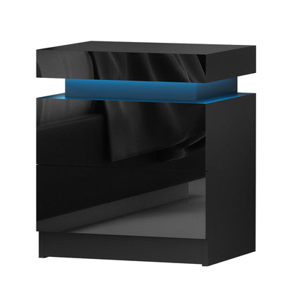 Artiss Bedside Table LED 2 Drawers Lift-up Storage - COLEY Black