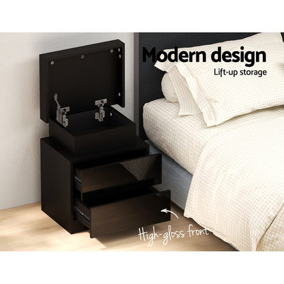 Artiss Bedside Table LED 2 Drawers Lift-up Storage - COLEY Black