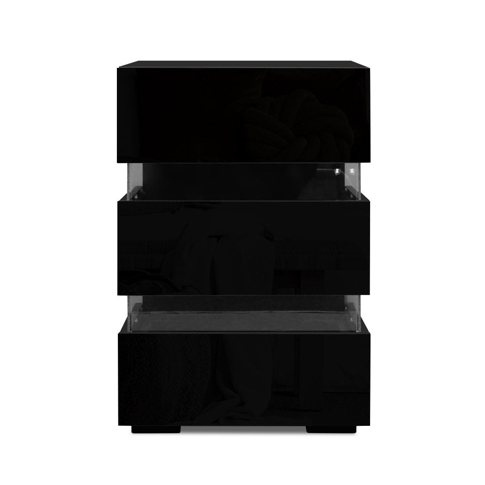 Artiss Bedside Table LED 3 Drawers - LUMI Black