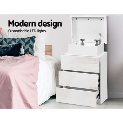 Artiss Bedside Table LED 3 Drawers - COLEY White