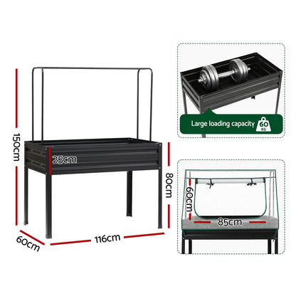 Green Fingers Elevated Metal Garden Bed Kit w Mini Greenhouse Cover 116x60cm Stand-Up Height Trellis