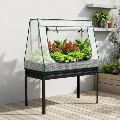 Green Fingers Elevated Metal Garden Bed Kit w Mini Greenhouse Cover 116x60cm Stand-Up Height Trellis