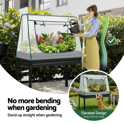 Green Fingers Elevated Metal Garden Bed Kit w Mini Greenhouse Cover 116x60cm Stand-Up Height Trellis