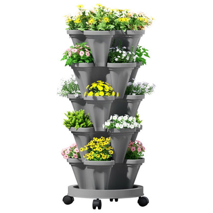 Green Fingers Raised Garden Bed 5 Tier Vertical Garden Grey Strawberry Stackable Planters Herbs Petunias