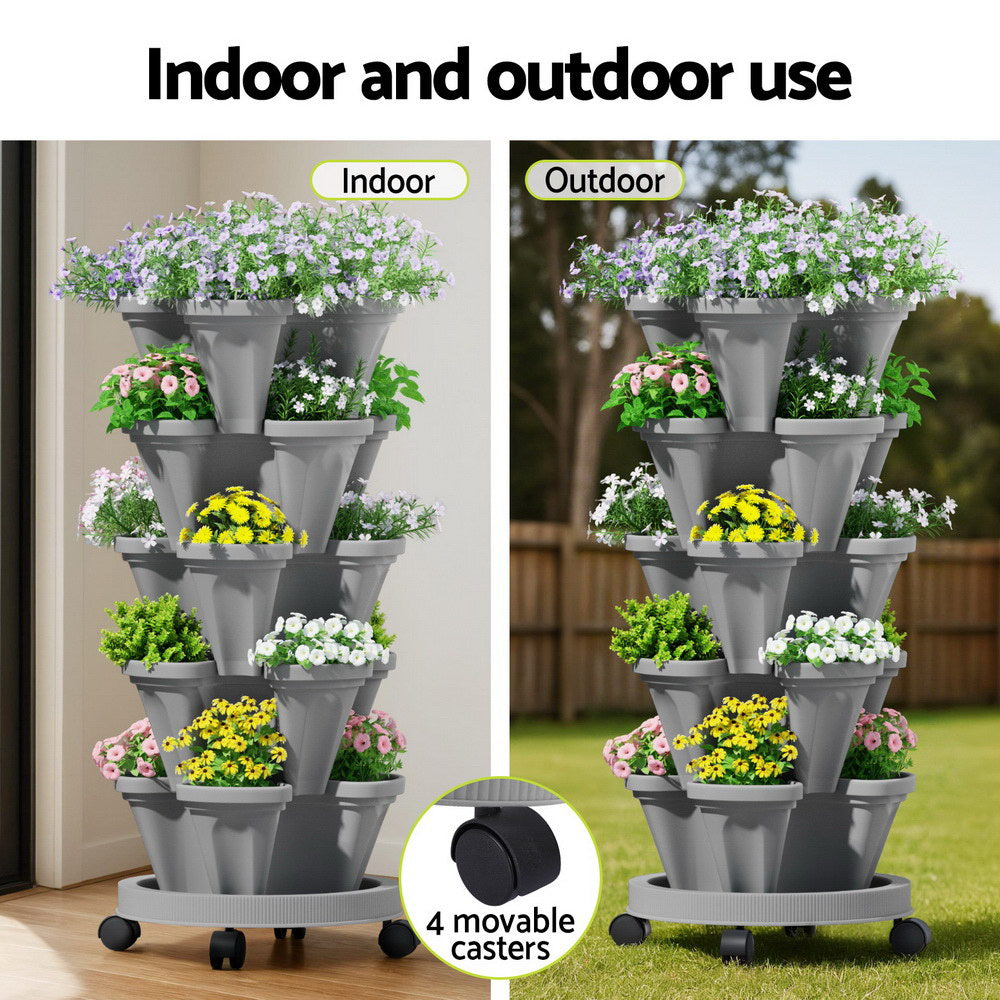 Green Fingers Raised Garden Bed 5 Tier Vertical Garden Grey Strawberry Stackable Planters Herbs Petunias