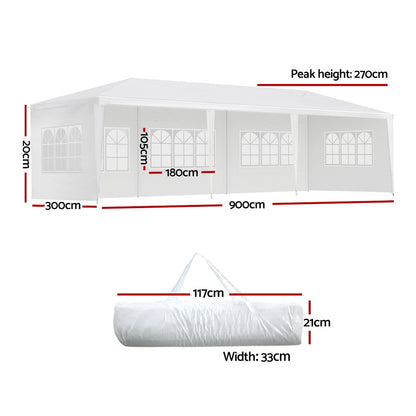 Instahut Gazebo 3x9m Marquee Wedding Party Tent Outdoor Camping Side Wall Canopy 5 Panel White