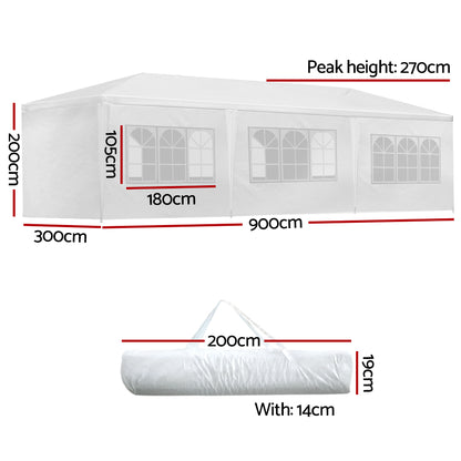 Instahut Gazebo 3x9m Marquee Wedding Party Tent Outdoor Camping Side Wall Canopy 8 Panel White