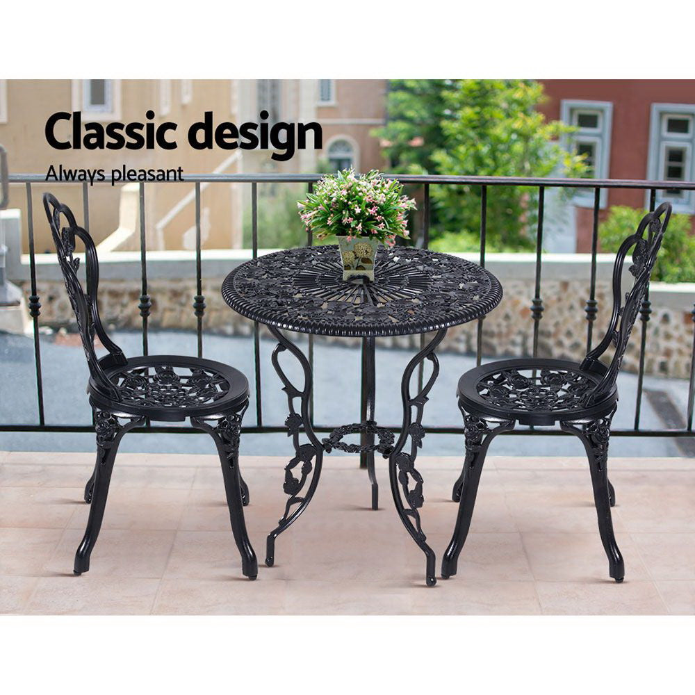 Gardeon 3PC Outdoor Setting Bistro Set Chairs Table Cast Aluminum Rose Black