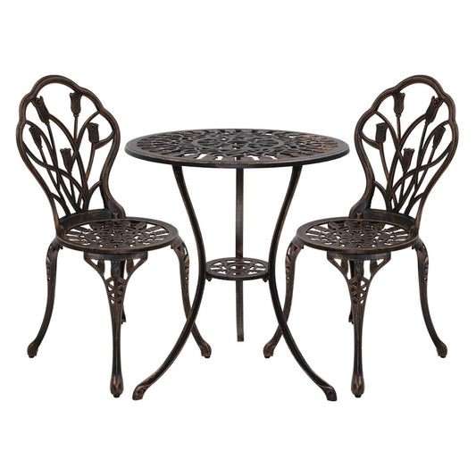 Gardeon 3PC Outdoor Setting Bistro Set Chairs Table Cast Aluminum Patio Furniture Tulip Bronze