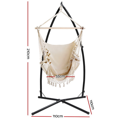 Gardeon Hammock Chair with Steel Stand Hanging Outdoor Tassel Cream