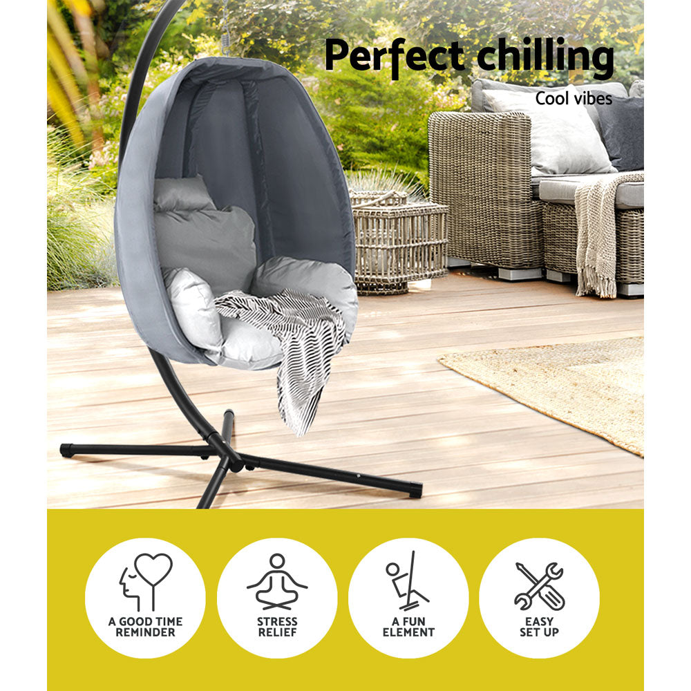 Gardeon Outdoor Egg Swing Chair Patio Furniture Pod Stand Canopy Foldable Grey