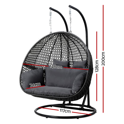 Gardeon Outdoor Egg Swing Chair Hanging Pod Chair Wicker Cushion 2 Person Grey