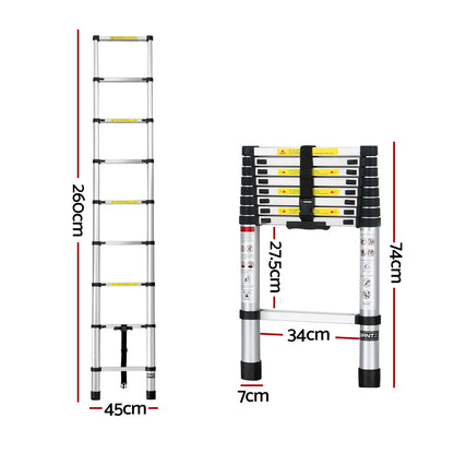 Giantz 2.6M Telescopic Ladder Aluminium Extension Extendable Steps Adjustable Height