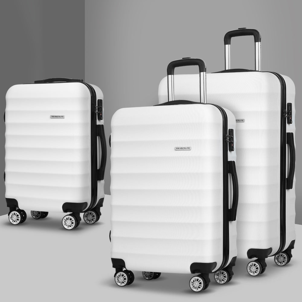 Wanderlite 3pcs Luggage Trolley Travel Suitcase Set TSA Hard Shell Case Strap White