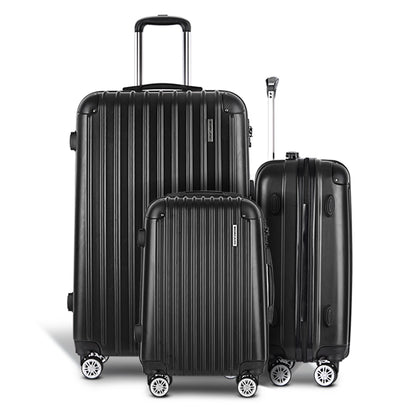 Wanderlite 3pcs LuggageTrolley Set Travel Suitcase Storage Organiser Carry On Hard Case TSA Lightweight Black