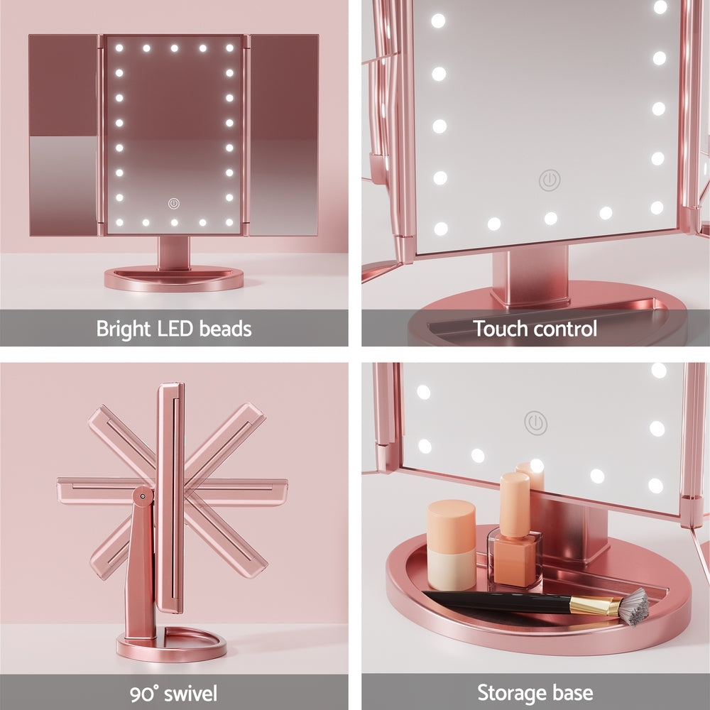 Embellir Tri-fold Makeup Mirror 1X2X3X Magnifying with LED Light Travel Portable Pink