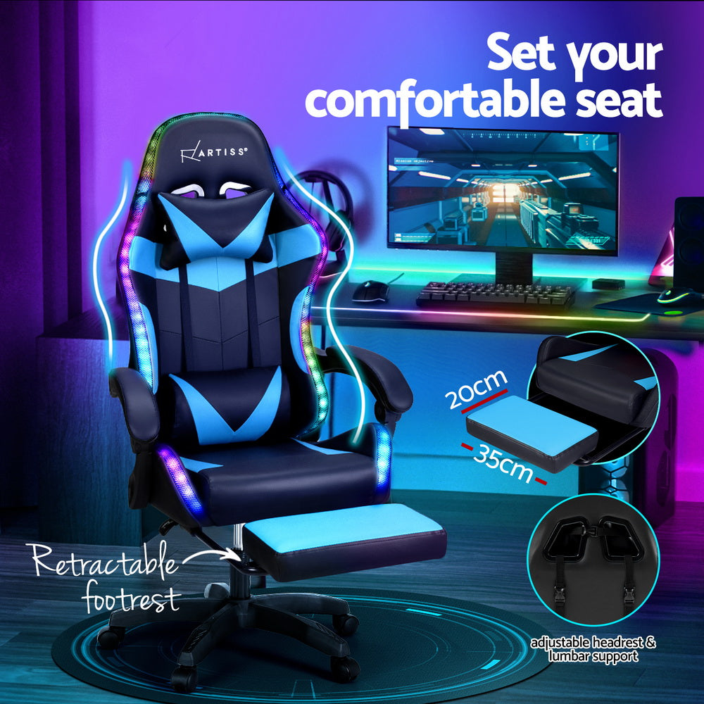 Artiss 6 Point Massage Gaming Office Chair 7 LED Footrest Cyan Blue