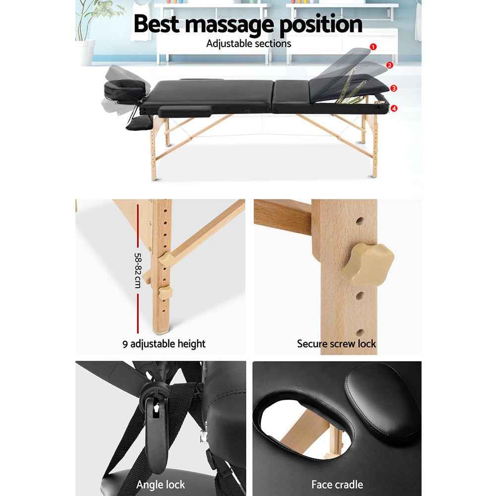 Zenses Massage Table 60cm Portable 3 Fold Wooden Beauty Bed Black