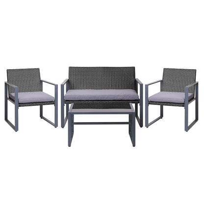 Gardeon 4 PCS Outdoor Sofa Set Rattan Furniture Glass Top Table Chairs Black