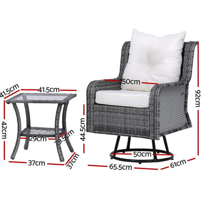 Gardeon 3PC Outdoor Furniture Bistro Set Lounge Wicker Swivel Chairs Table Cushion Grey