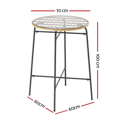 Gardeon Outdoor Bar Table Wicker Dining Bistro Patio Balcony Glass Table Steel