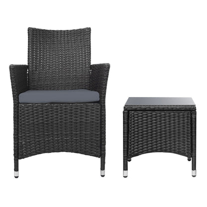 Gardeon 3PC Outdoor Bistro Set Patio Furniture Wicker Setting Chairs Table Cushion Black