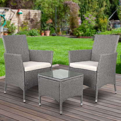 Gardeon 3PC Outdoor Bistro Set Patio Furniture Wicker Setting Chairs Table Cushion Grey