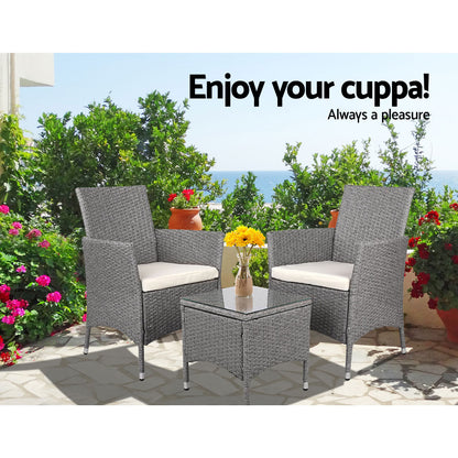 Gardeon 3PC Outdoor Bistro Set Patio Furniture Wicker Setting Chairs Table Cushion Grey