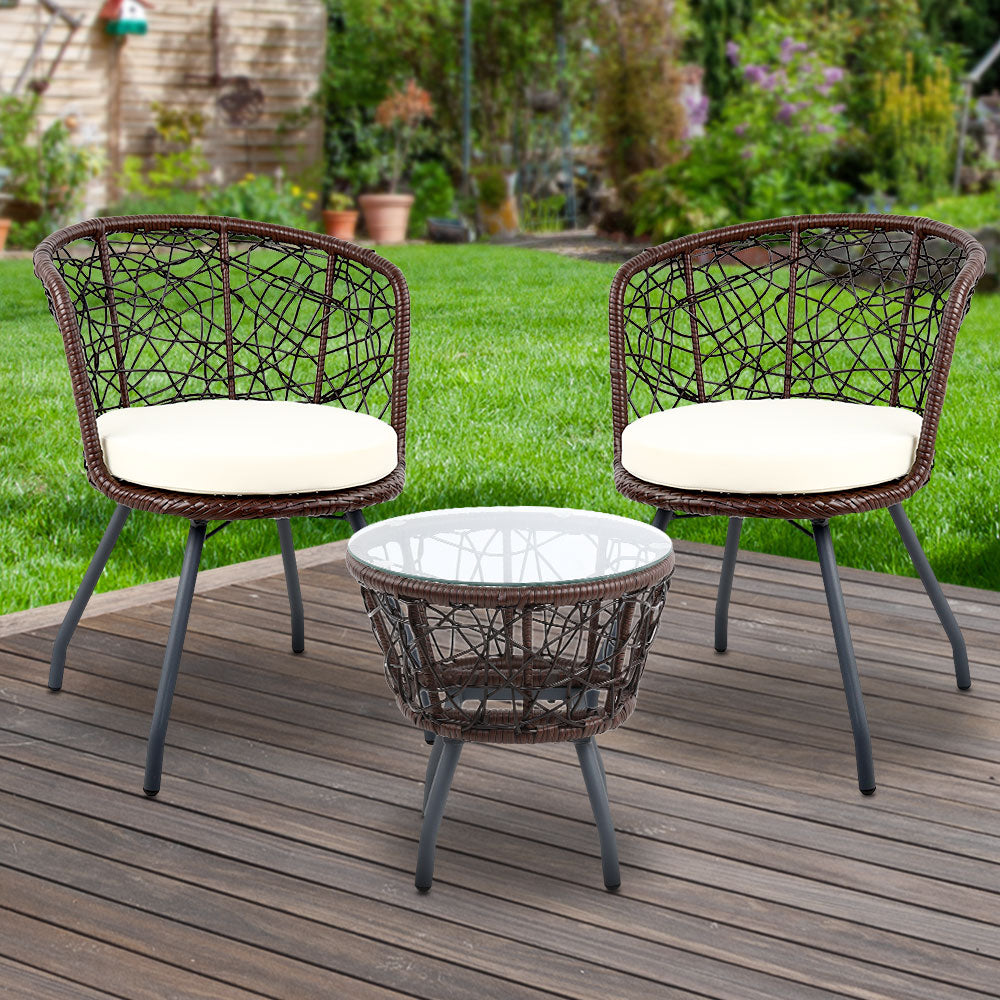 Gardeon 3PC Bistro Set Outdoor Furniture Rattan Table Chairs Patio Garden Cushion Brown